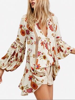 Free People Just the Two of Us Floral Tunic Dress in Cream Soft Coral Size Small